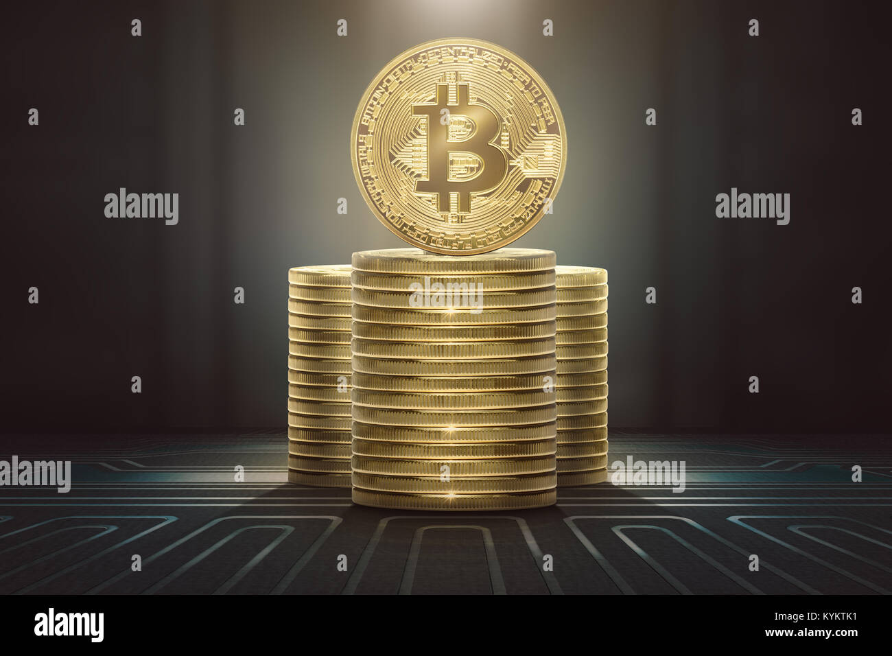 Stapel von Bitcoins stehend auf Platine Hintergrund Stockfoto