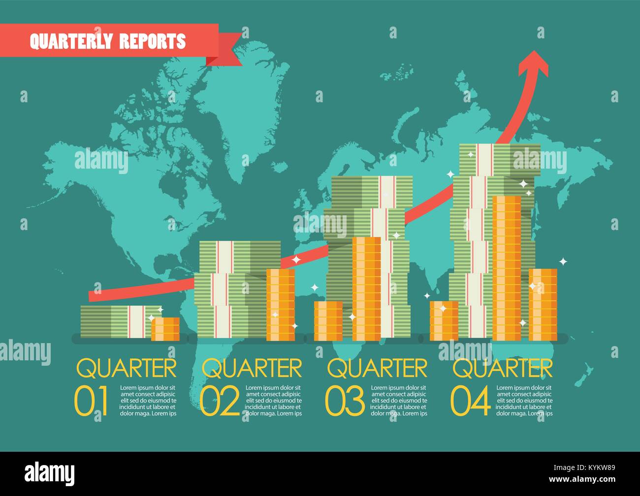 Quartalsberichte mit wolrld Karte Infografik. Vector Illustration Stock Vektor