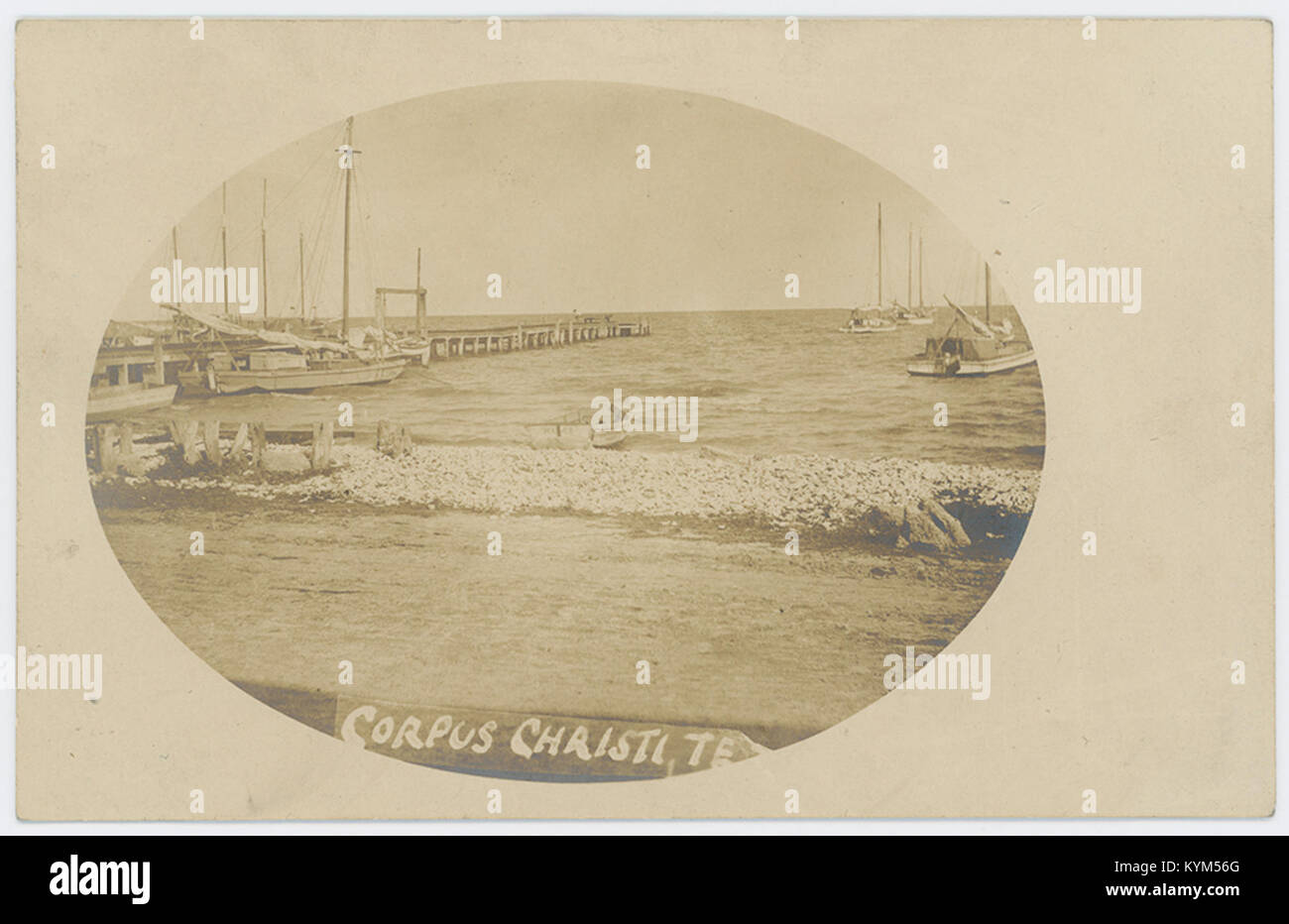 Ein historisches Foto von Corpus Christi, Texas, zeigt die Strände und die Küstenlandschaft der Region und fängt das Wesen der historischen Uferpromenade ein. Stockfoto