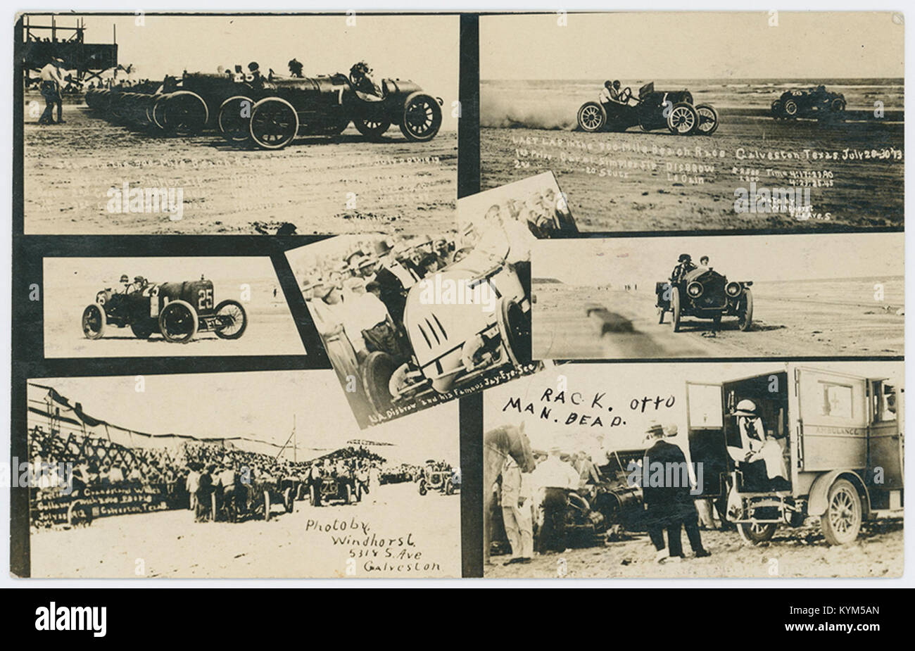 Eine Sammlung historischer Fotografien, die Automobilrennen in Galveston, Texas, dokumentieren und die Spannung und den Wettkampf der frühen Motorsportarten in der Region festhalten. Stockfoto