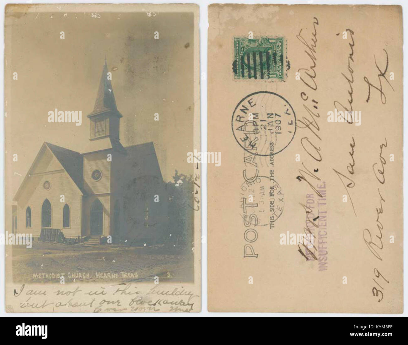 Dieses historische Bild zeigt die Methodist Church in Hearne, Texas, die als Teil der George W. Cook-Sammlung aufgenommen wurde. Das Foto ist im Archiv der Southern Methodist University aufbewahrt. Stockfoto