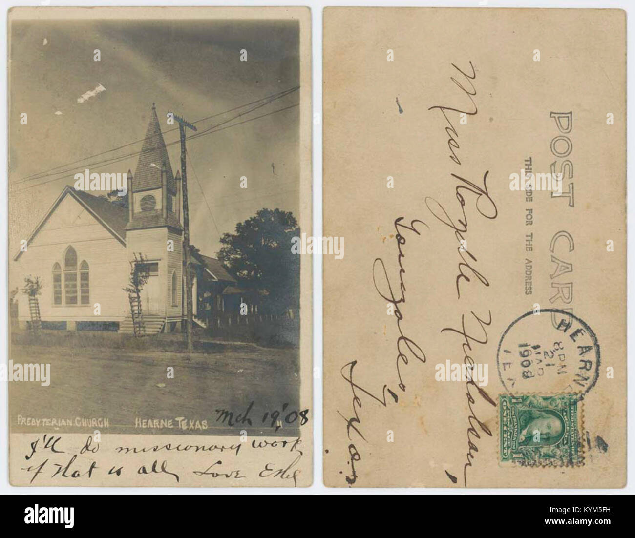 Ein historisches Bild der Presbyterian Church in Hearne, Texas, aufgenommen als Teil der Cook Collection, das die architektonischen Merkmale und die Rolle in der Gemeinde hervorhebt. Stockfoto