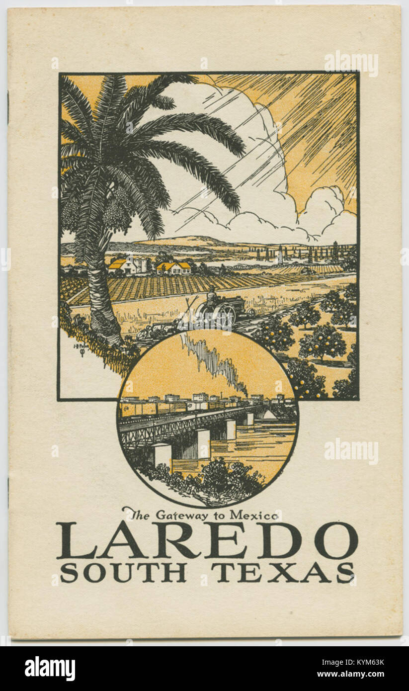 Ein historisches Foto von Laredo, Texas, bekannt als das Tor zu Mexiko. Das Bild zeigt die Position der Stadt als wichtiger Standort für Handel und kulturellen Austausch zwischen den Vereinigten Staaten und Mexiko. Stockfoto