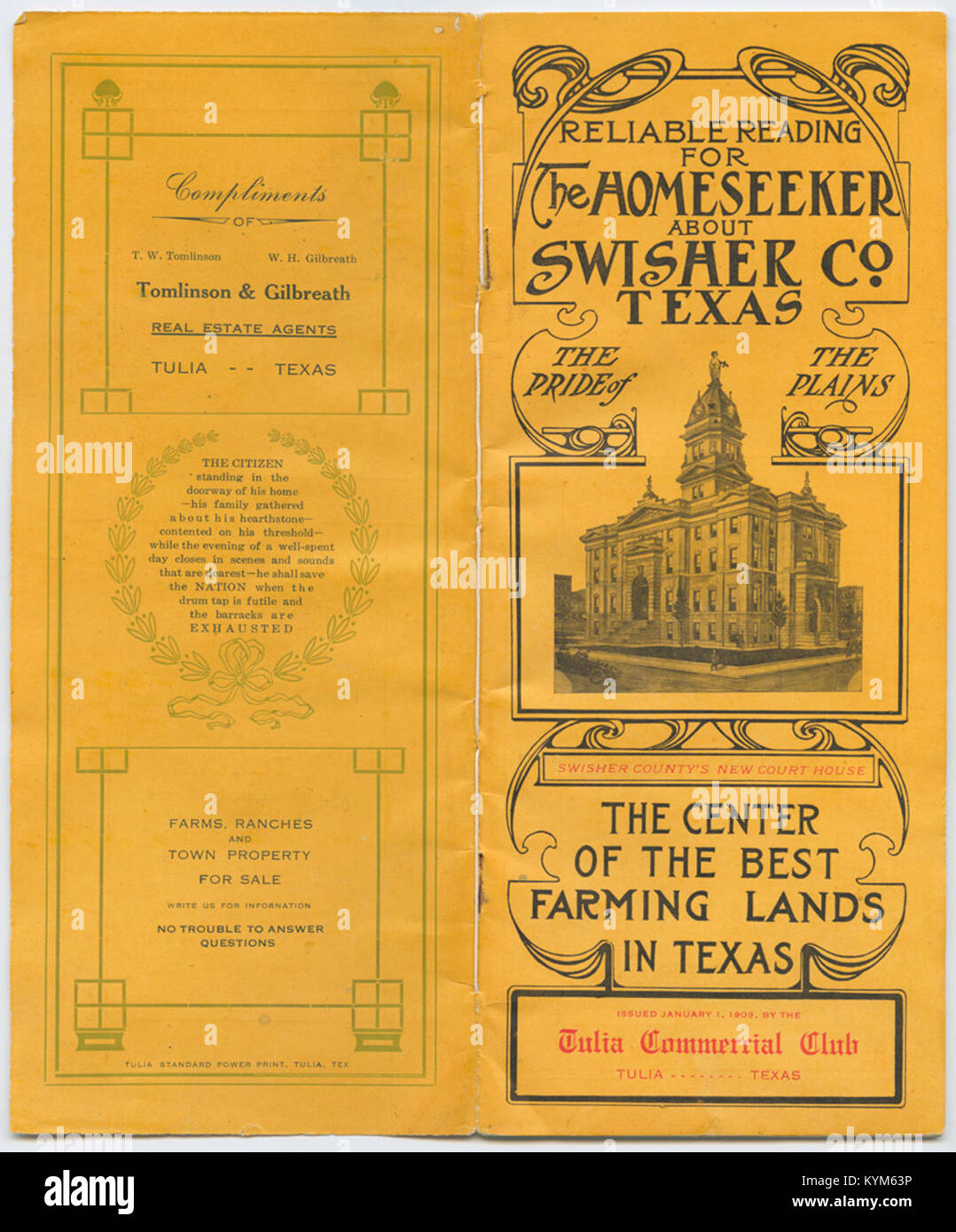 Eine Illustration aus einer historischen Publikation mit dem Titel „Reliable Reading for the Homeseeker“ über Swisher County, Texas, die Einblicke in die Entwicklung und Geschichte der Region bietet, insbesondere für potenzielle Siedler. Stockfoto