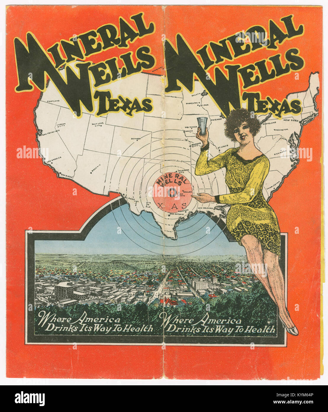 Dieses historische Bild zeigt die berühmten Mineralbrunnen in Laredo, Texas, einem Ort, der für seine natürlichen Mineralwasserquellen und gesundheitlichen Vorteile bekannt ist. Dieser Ort spielte eine Rolle in der amerikanischen Wellness-Geschichte. Stockfoto