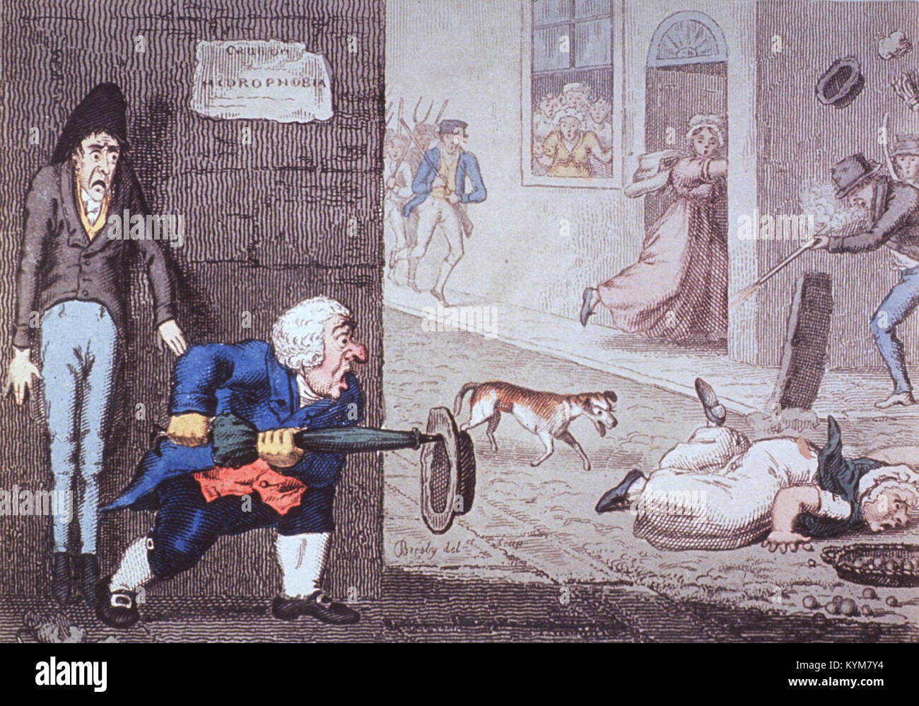 Eine Sammlung historischer Karikaturen, Illustrationen und Radierungen, die sich auf Hydrophobie und medizinische Geschichte beziehen. Das Bild enthält Gegenstände wie Waffen, Gewehre, Heugabeln und medizinische Illustrationen. Stockfoto