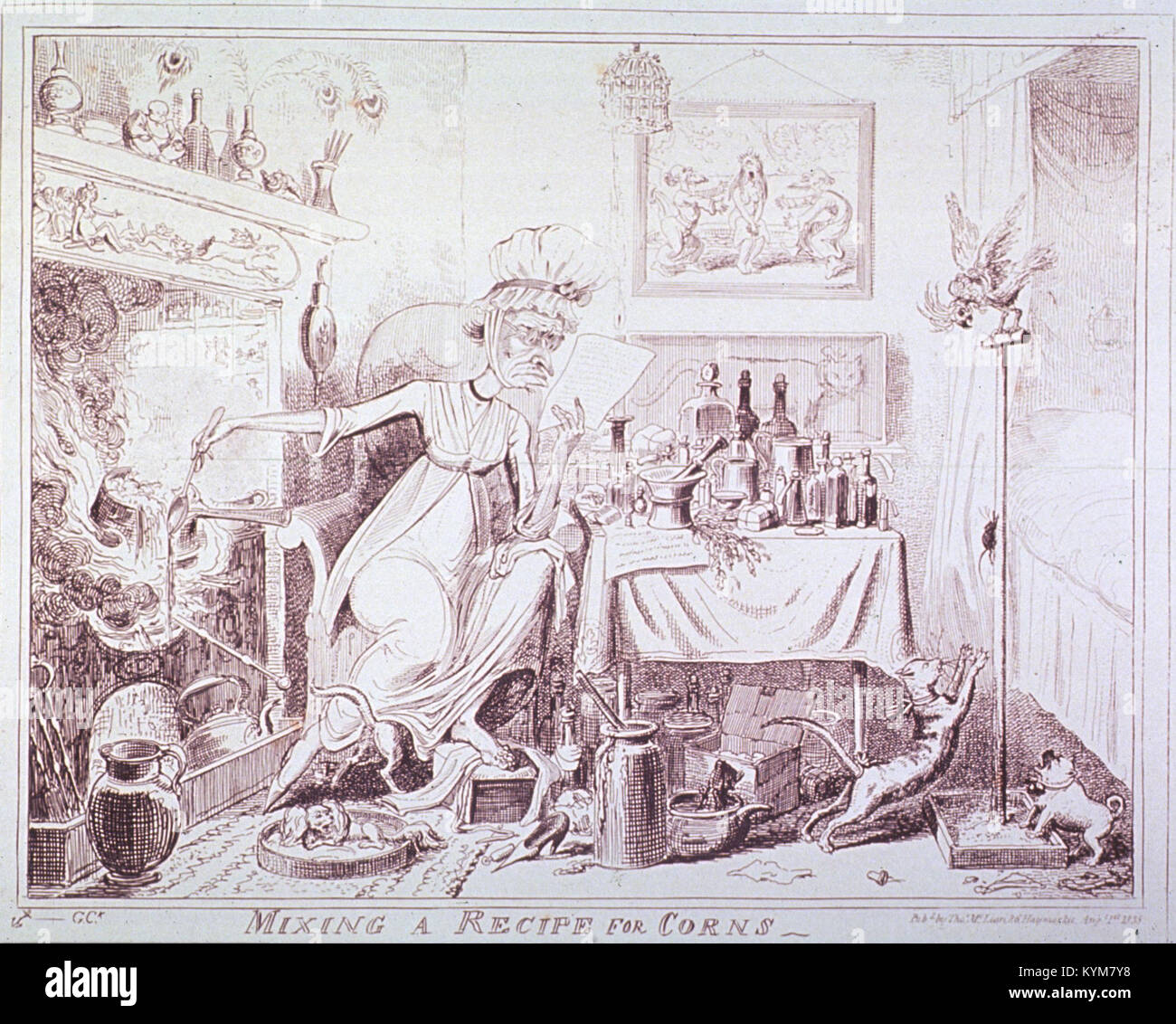 Eine Ätzung, die die Herstellung eines traditionellen Heilmittels für die Maiskörner als Teil der Geschichte der Medizin darstellt. Das Bild stammt aus einer historischen Sammlung medizinischer Illustrationen, die frühe therapeutische Praktiken zeigen. Stockfoto