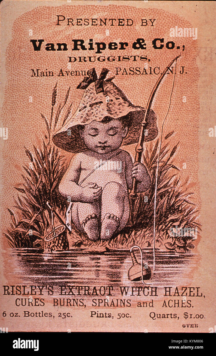 Eine Illustration von Risley's Extract Witch von Van Riper & Co., einer historischen Werbeanzeige oder einem Arzneimittelcover mit feinen Gravuren und Kunstwerken im Chromolithografie-Stil. Stockfoto