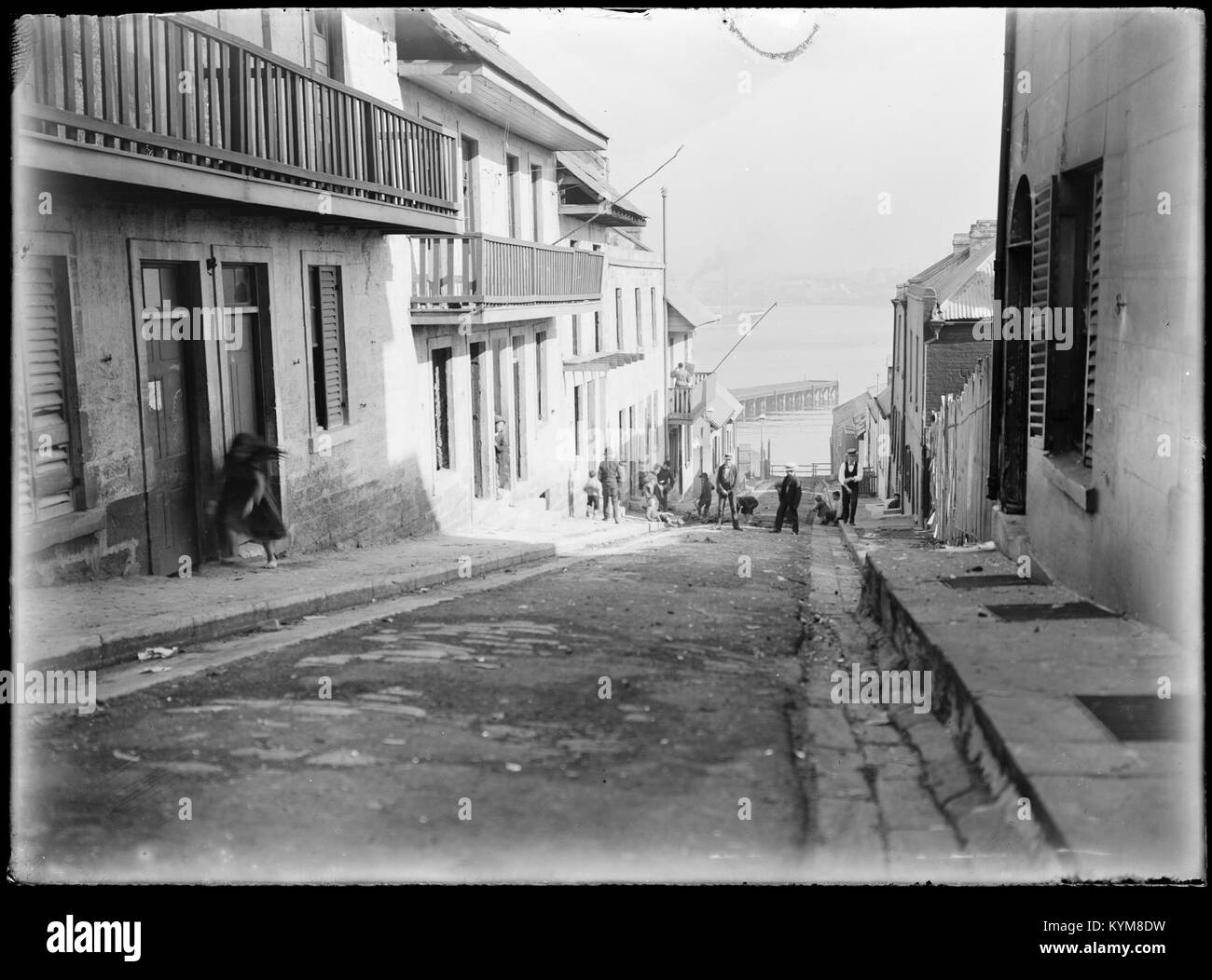Glasnegative von The Rocks Area in Sydney, aufgenommen von William im frühen 20. Jahrhundert, die das historische Viertel um 1890 bis 1910 zeigen. Stockfoto