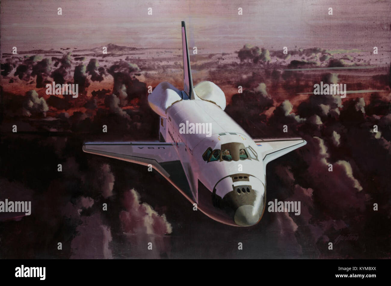 Ein Kunstwerk von Gjertson mit dem Space Shuttle Columbia, das das legendäre Raumschiff in einer dramatischen Darstellung der Weltraumforschung einfängt. Stockfoto