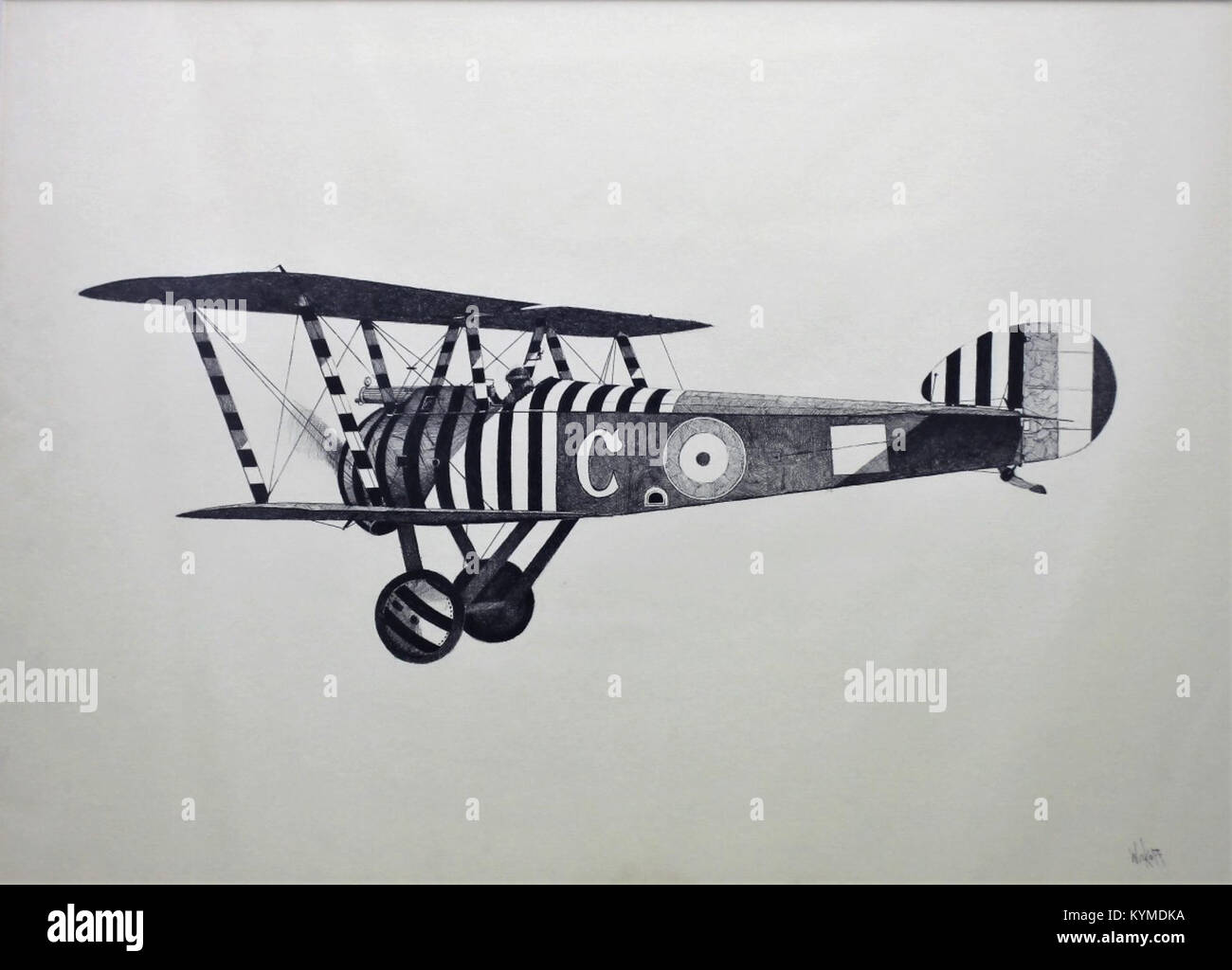 Ein schwarz-weißer Druck der Sopwith Camel F-1, eines legendären Flugzeugs aus dem Ersten Weltkrieg, von #28 Squadron. Das Bild unterstreicht das einzigartige Design und die historische Bedeutung des Flugzeugs während des Krieges. Stockfoto Ein schwarz-weißer Druck der Sopwith Camel F-1, eines legendären Flugzeugs aus dem Ersten Weltkrieg, von #28 Squadron. Das Bild unterstreicht das einzigartige Design und die historische Bedeutung des Flugzeugs während des Krieges. Stockfoto