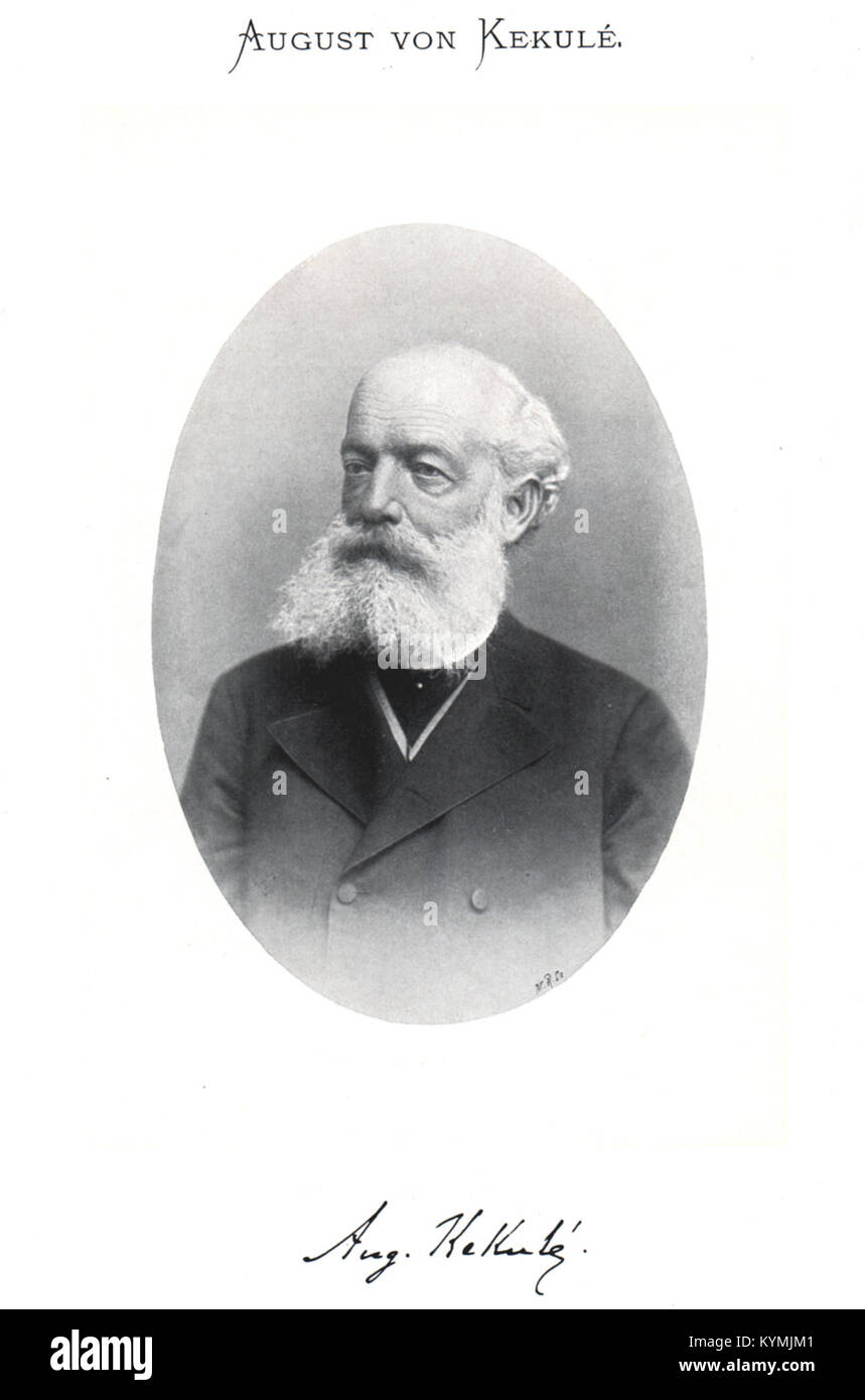 Porträt von August Kekulé, einem Chemiker aus dem 19. Jahrhundert, der vor allem für seine Strukturtheorie der organischen Chemie und die Entdeckung des Benzolrings bekannt ist. Dieses Bild zeigt ihn in formeller Kleidung. Stockfoto