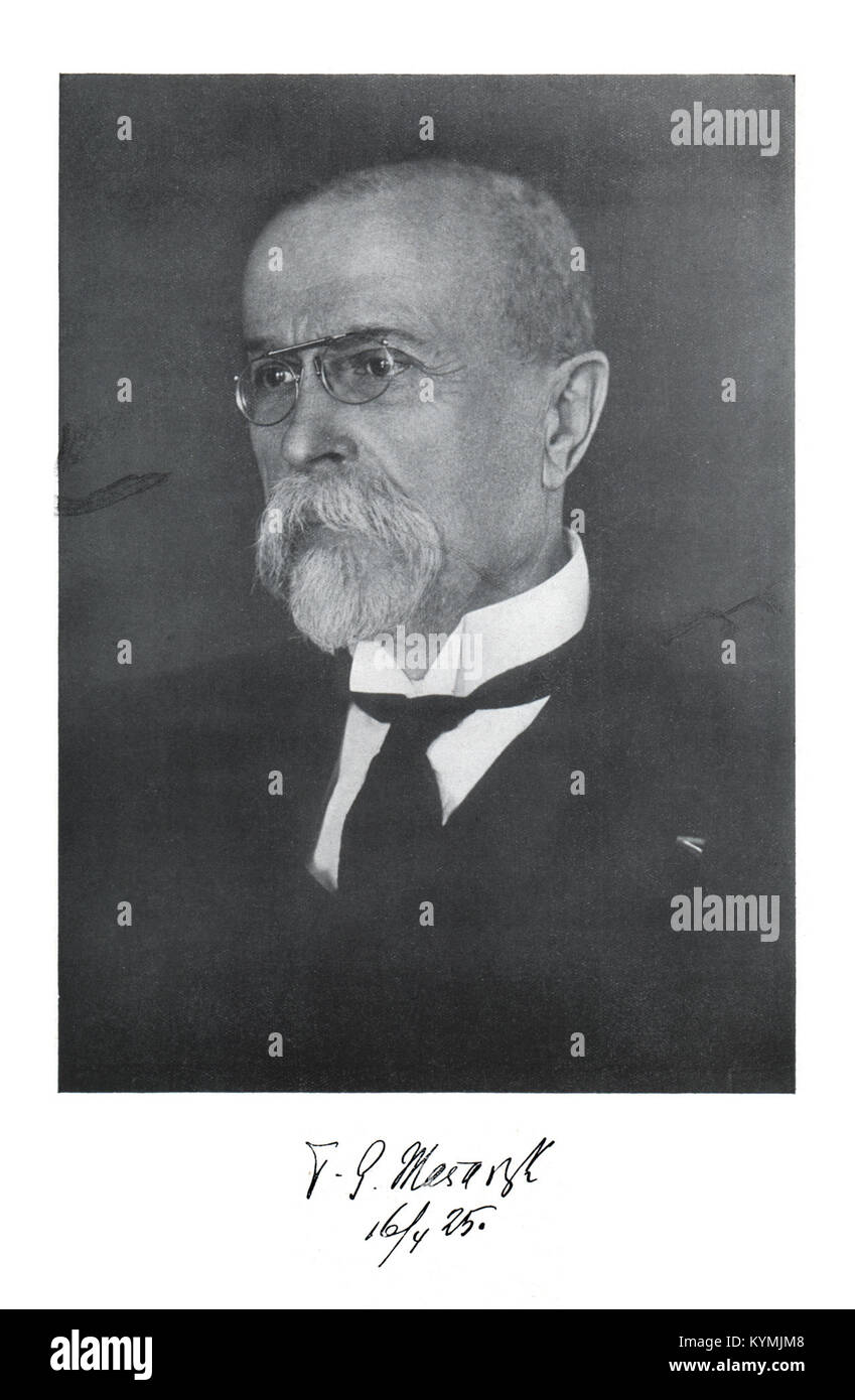 Dieses Porträt von Tomáš Garrigue Masaryk, Philosoph und erster Präsident der Tschechoslowakei, wurde in Schwarz-weiß mit seiner Unterschrift erstellt. Es gibt einen formalen Einblick in Masaryks Aussehen im späten 19. Und frühen 20. Jahrhundert. Stockfoto