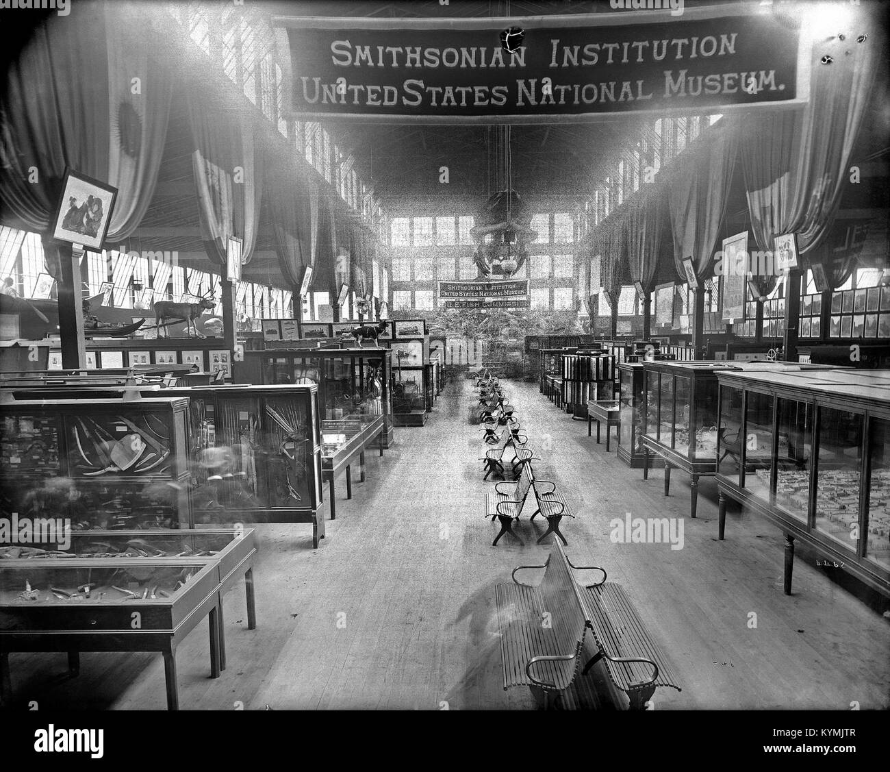 Historisches Schwarzweißbild der Ausstellung der Smithsonian Institution auf der Centennial Exposition 1888 in Cincinnati, Ohio. Das Foto zeigt die Vitrine, die Bänke und die Fahnen, die die Veranstaltung schmückten. Stockfoto