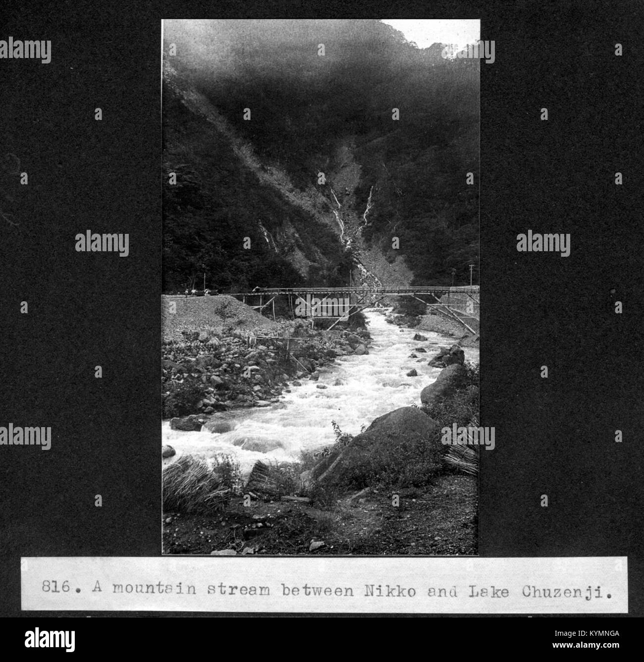 Ein malerischer Blick auf einen Gebirgsbach, der zwischen Nikko und dem Chuzenji-See in Japan fließt. Die ruhige Landschaft fängt die natürliche Schönheit der Region ein, umgeben von üppiger Vegetation und klarem Wasser. Stockfoto