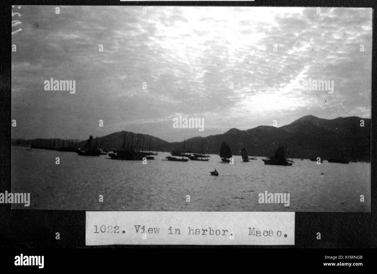Ein malerischer Blick auf den Hafen in Macao (Macau), der die Küstenlandschaft und verschiedene Schiffe im geschäftigen Hafen zeigt. Das Bild unterstreicht die lebendige Atmosphäre dieses internationalen maritimen Knotenpunkts. Stockfoto