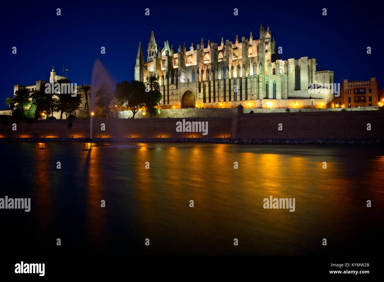 Nacht Blick auf die Kathedrale von Palma de Mallorca Stockfoto