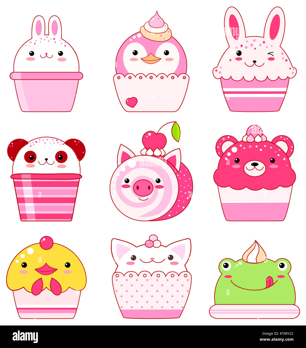 Vektor tierischen geformte Desserts, Eis, Kuchen, rollen. Vanille, Schokolade, Zitrone, Erdbeere. Mit lächelndem Gesicht und rosa Wangen. Huhn, Panda Stockfoto