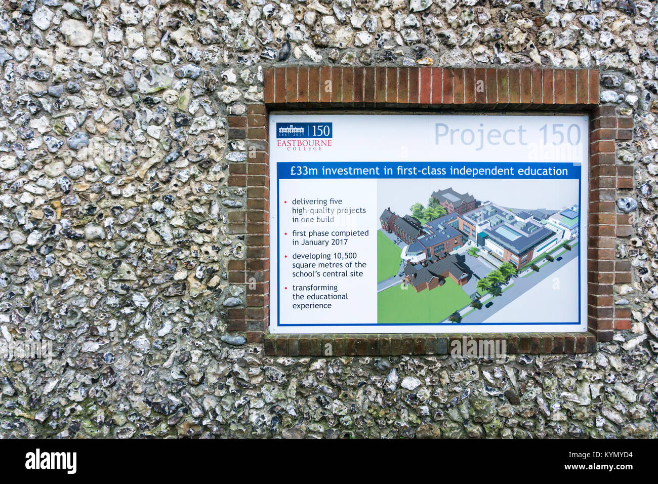 Ein Schild erklärt, das Projekt 150 Entwicklung in Eastbourne College, eine Co-educational Independent School in Eastbourne, East Sussex an der Südküste Stockfoto