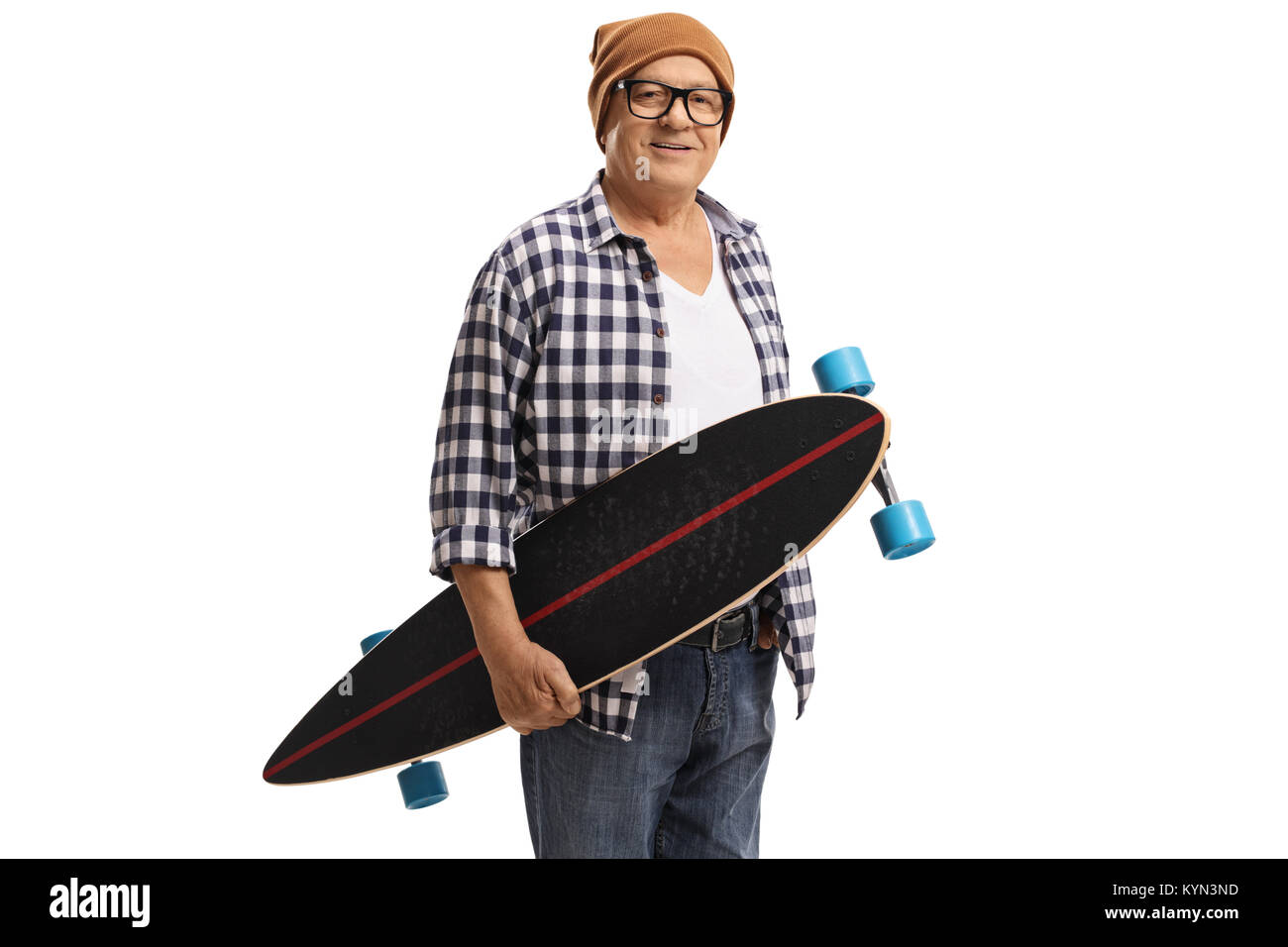 Alte hipster Holding ein Longboard auf weißem Hintergrund Stockfoto