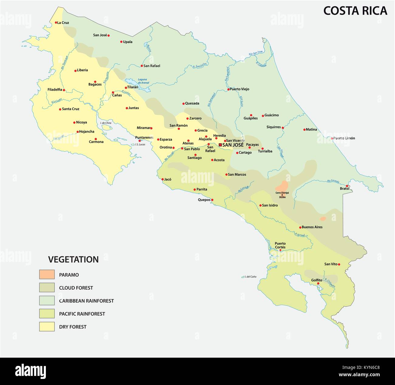Vegetation Vektorkarte von Costa Rica Land mit wichtigen Städten Stock Vektor