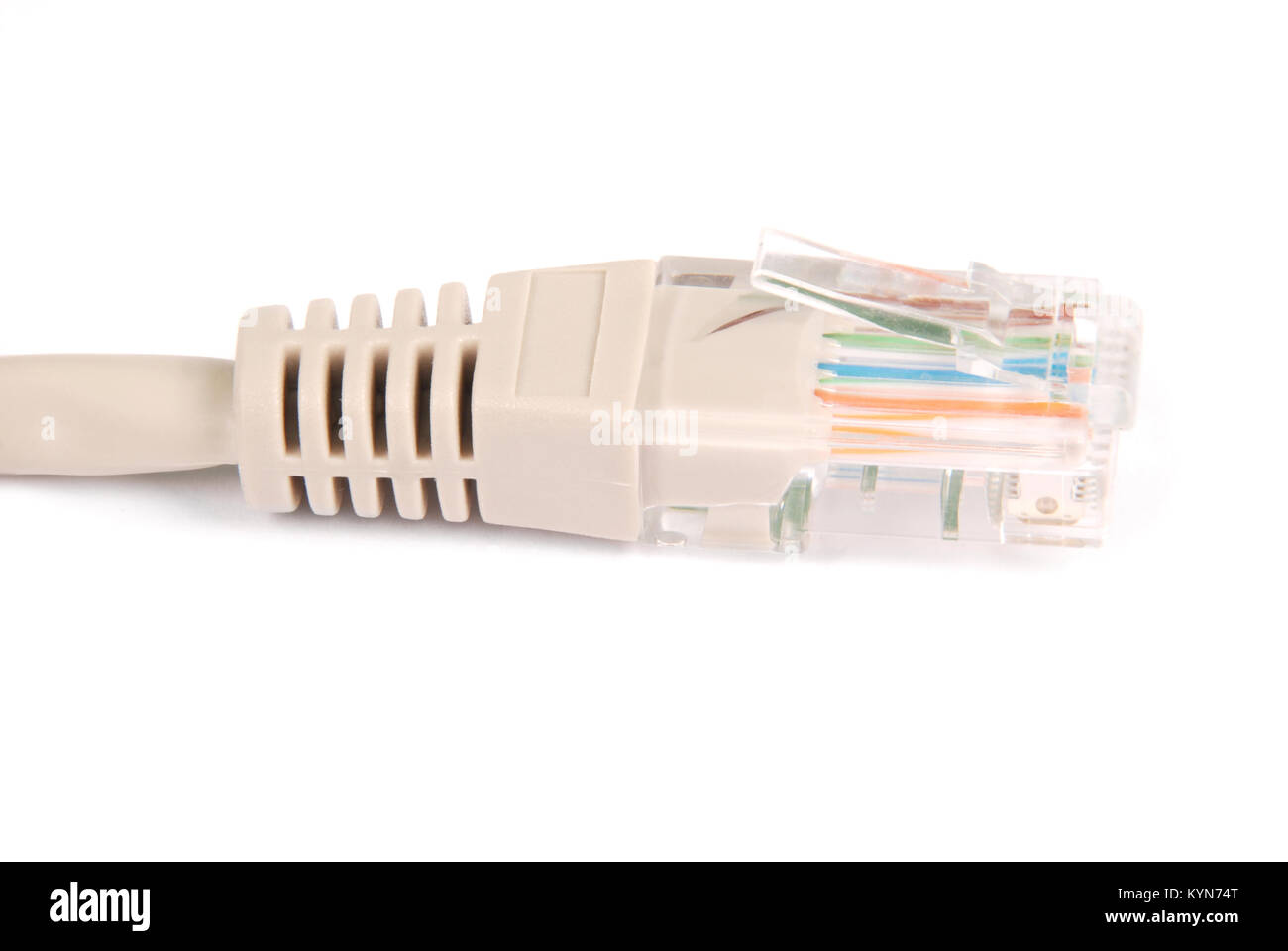 Lan-Kabel und Steckverbinder RJ45, auf weißem Hintergrund. Stockfoto