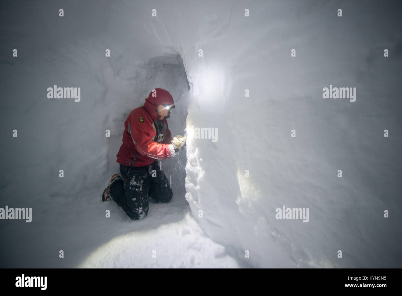 Sie graben den Schnee Loch von innen © Paul Glendell Stockfoto