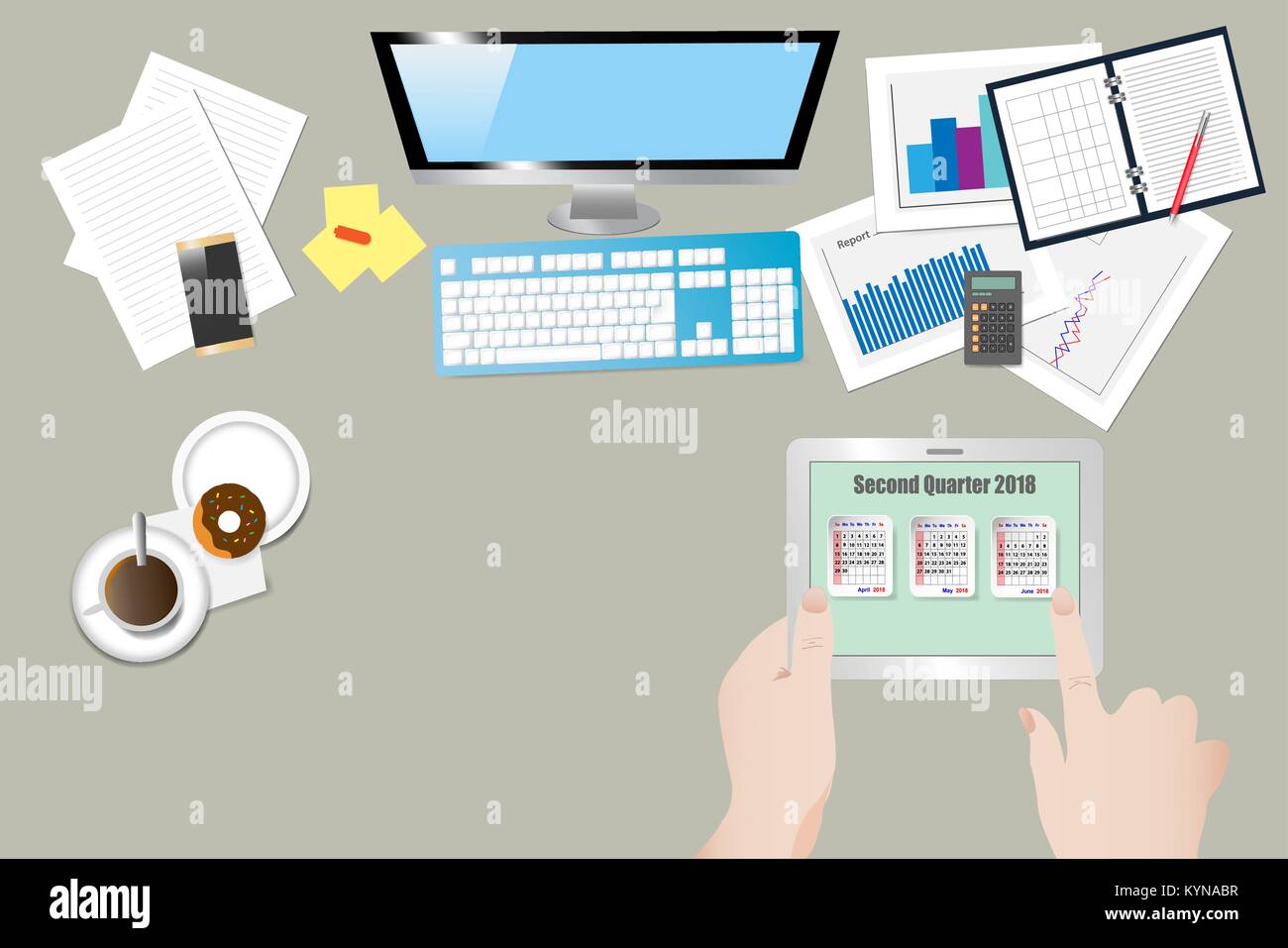 Blick von oben auf das Büro Arbeitsplatz mit Hände, die Tablette mit einem Kalender für das zweite Quartal 2018 Jahr auf dem Bildschirm Stock Vektor