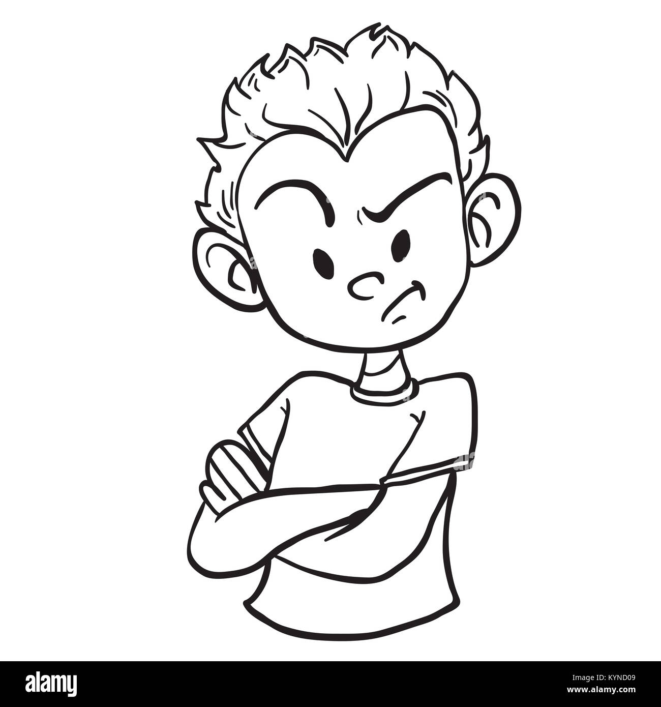 Wütend Junge mit verschränkten Armen Cartoon Illustration isoliert auf weißem Stockfoto