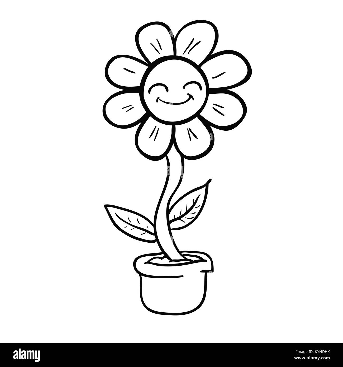 Cartoon happy Blume in einem Topf schwarze und weiße Abbildung Stockfoto