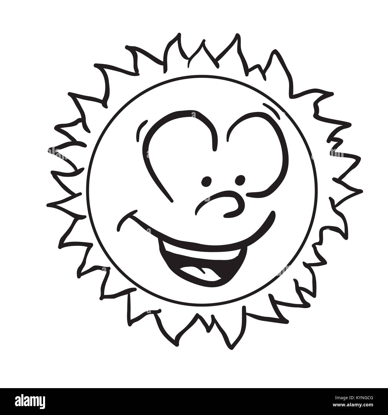 Lächelnde Sonne schwarze und weiße Cartoon Illustration isoliert auf weißem Stockfoto