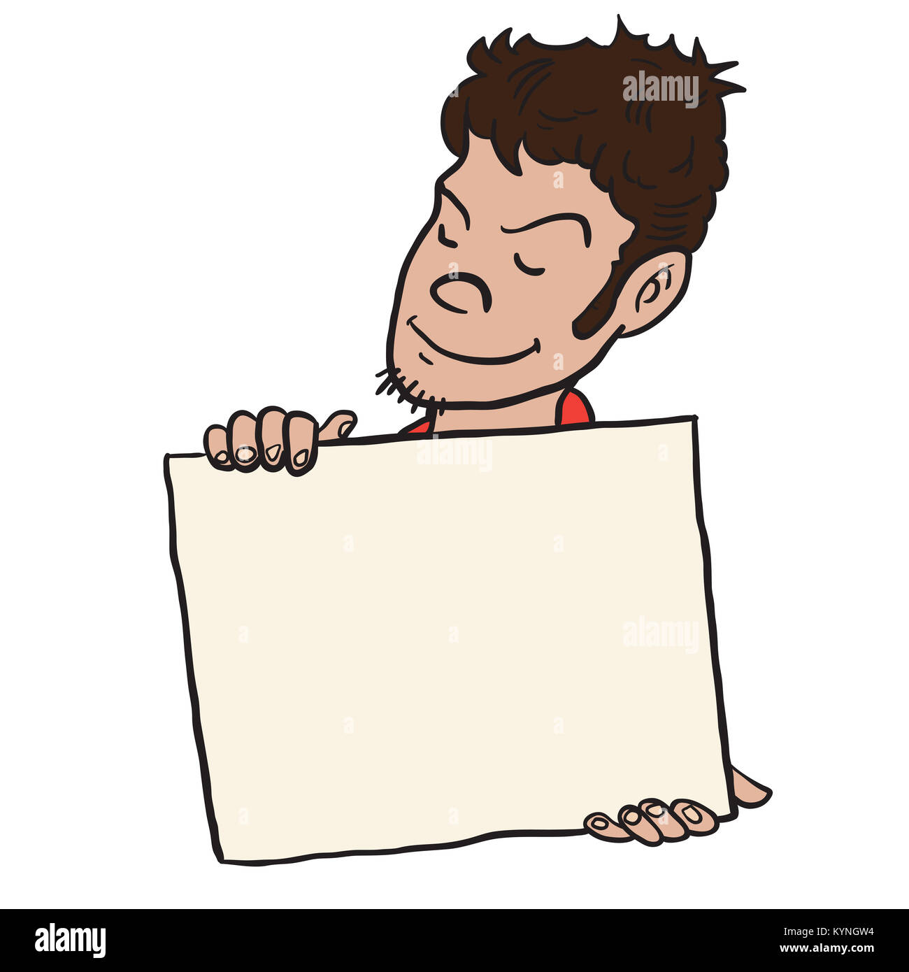 Junger Mann mit einem leeren banner Cartoon Illustration auf weißen isoliert Stockfoto