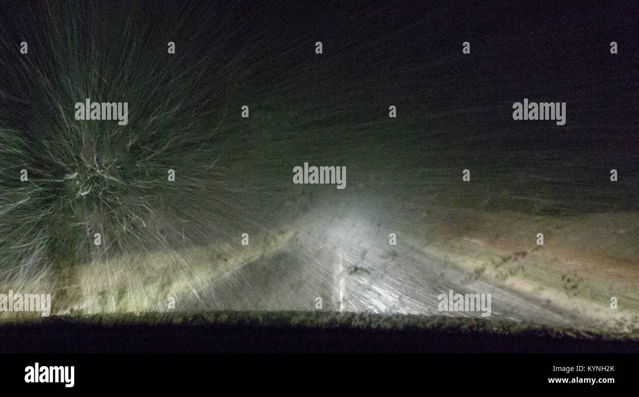 Schlechte Fahrbedingungen auf einer ländlichen Straße während eines Schneesturms in der Nacht. Yorkshire, UK. Stockfoto