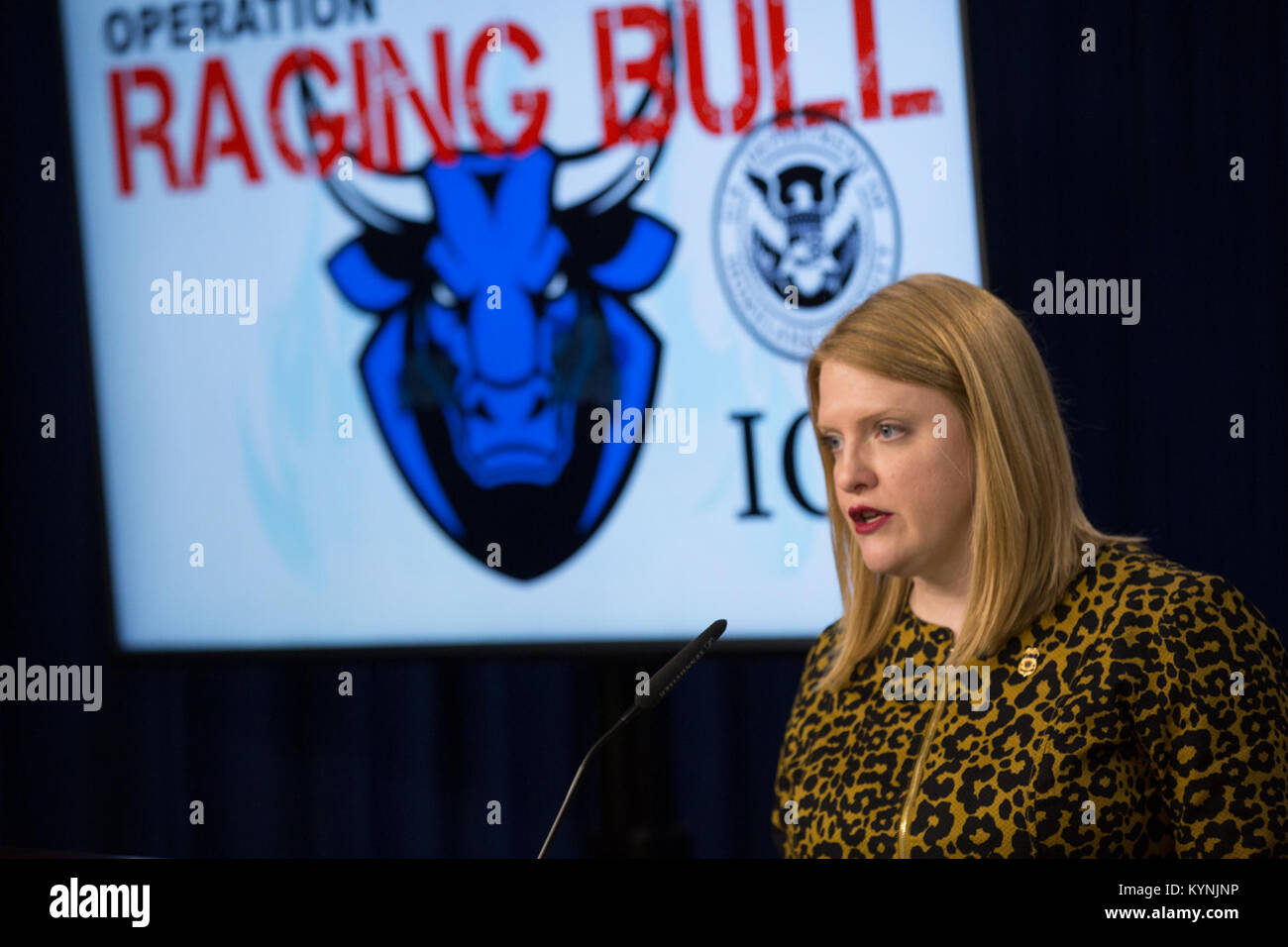 Jen Elza stellt Stellvertretender Direktor und Leitender Beamter, die Aufgaben des Direktors für US-Einwanderungs- und Zollbehörden Thomas Homan, als er Gastgeber einer Pressekonferenz die Medien über den Fortgang der Operation "Raging Bull" im ICE Hauptsitz in Washington, D.C., 15. November 2017 zu aktualisieren. Us-amerikanischen Zoll- und Grenzschutzbehörden Foto von Glenn Fawcett Stockfoto