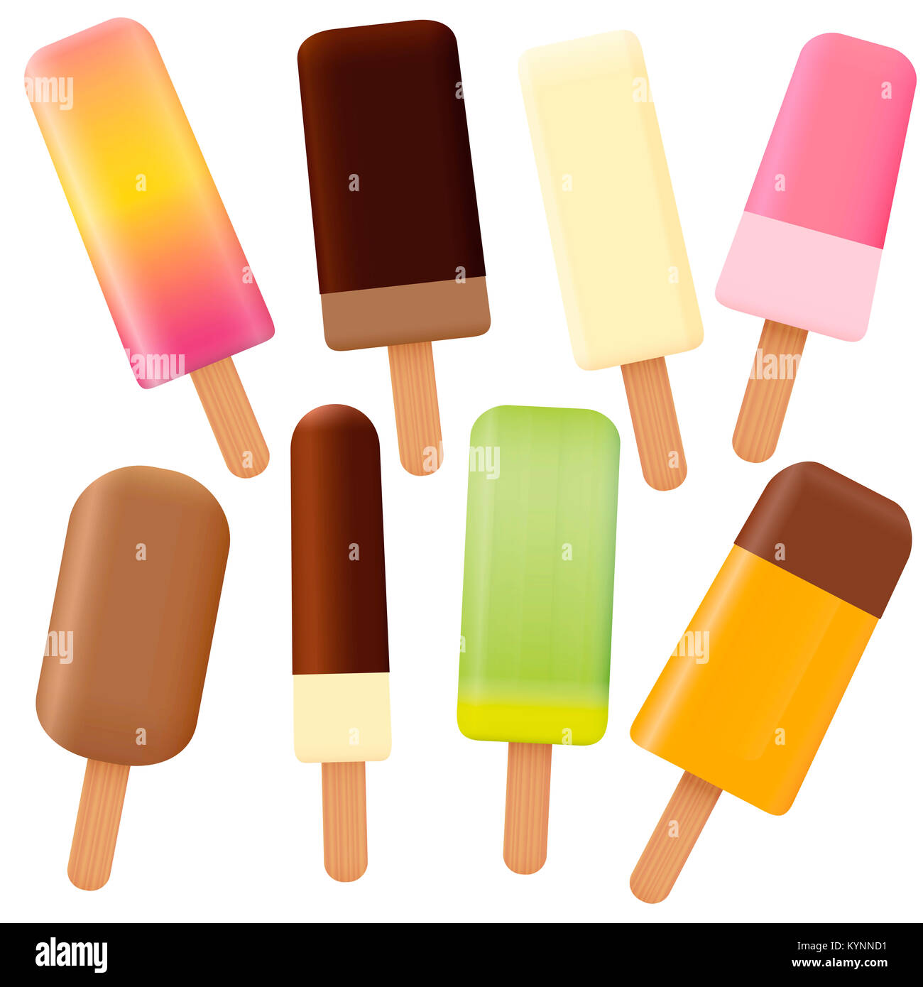 Eis am Stiel - Summer Fun ice-lose angeordnete von acht verschiedenen am Stiel - Abbildung auf weißen Hintergrund. Stockfoto
