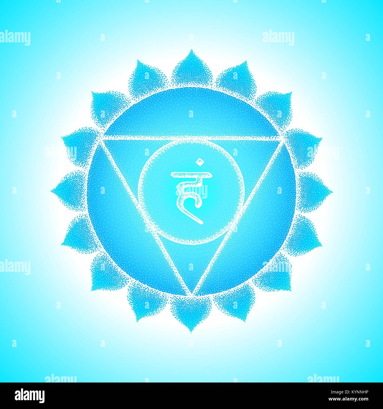 Vektor fünften Vishuddha Hals- Chakra sanskrit Saatgut mantra Schinken Hinduismus Silbe Lotusblüten. Dot arbeiten Tattoo Style Hand gezeichnet weiß Schwarzweiß-Symbol Stock Vektor