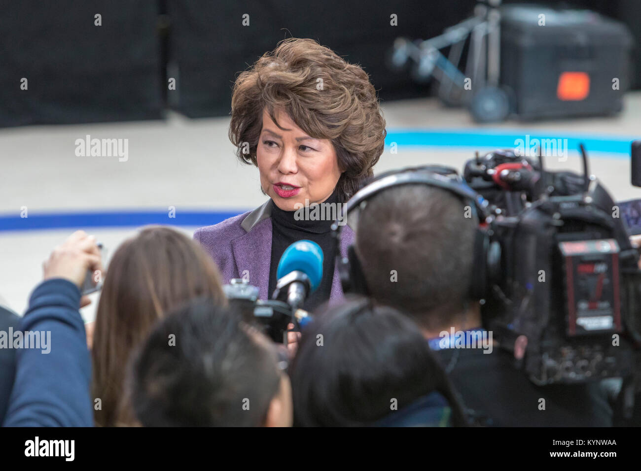 Detroit, Michigan, USA. 14 Jan, 2018. Us-Verkehrsminister, Elaine Chao zu den Reportern auf der North American International Auto Show spricht. Quelle: Jim West/Alamy leben Nachrichten Stockfoto