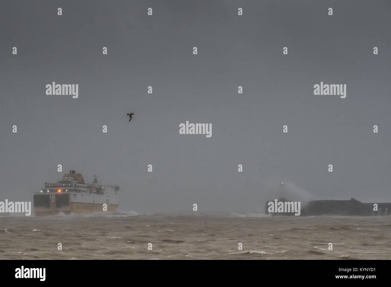 Newhaven, East Sussex, Großbritannien. Januar 2018. Starker Westwind, der die Wellen entlang der Südküste mit starken Regenschauern aufschlägt. Stockfoto