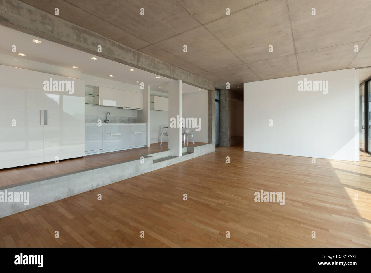 Interieur, modernen Küche der konkreten Wohnung, Parkettboden Stockfoto