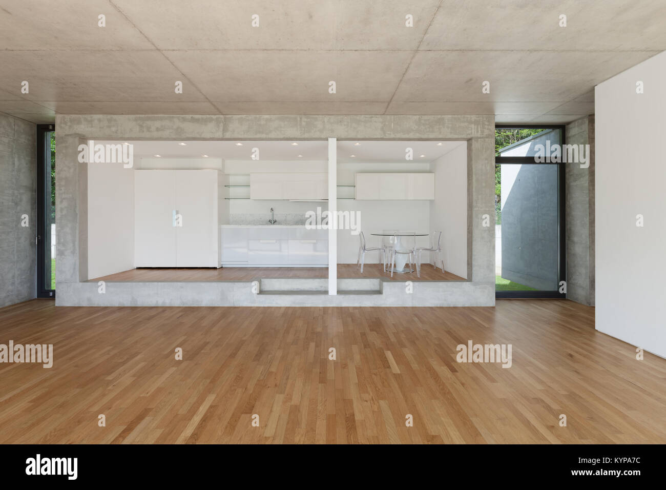 Interieur, modernen Küche der konkreten Wohnung, Parkettboden Stockfoto