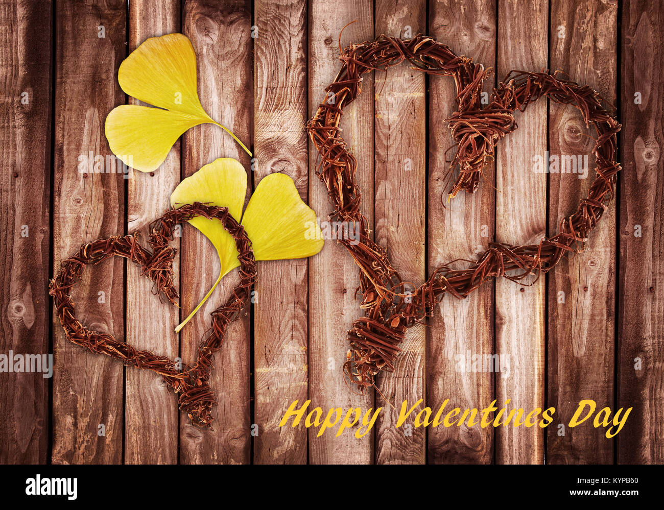 Happy Valentines Day, Holz und Blätter Herzen Stockfoto