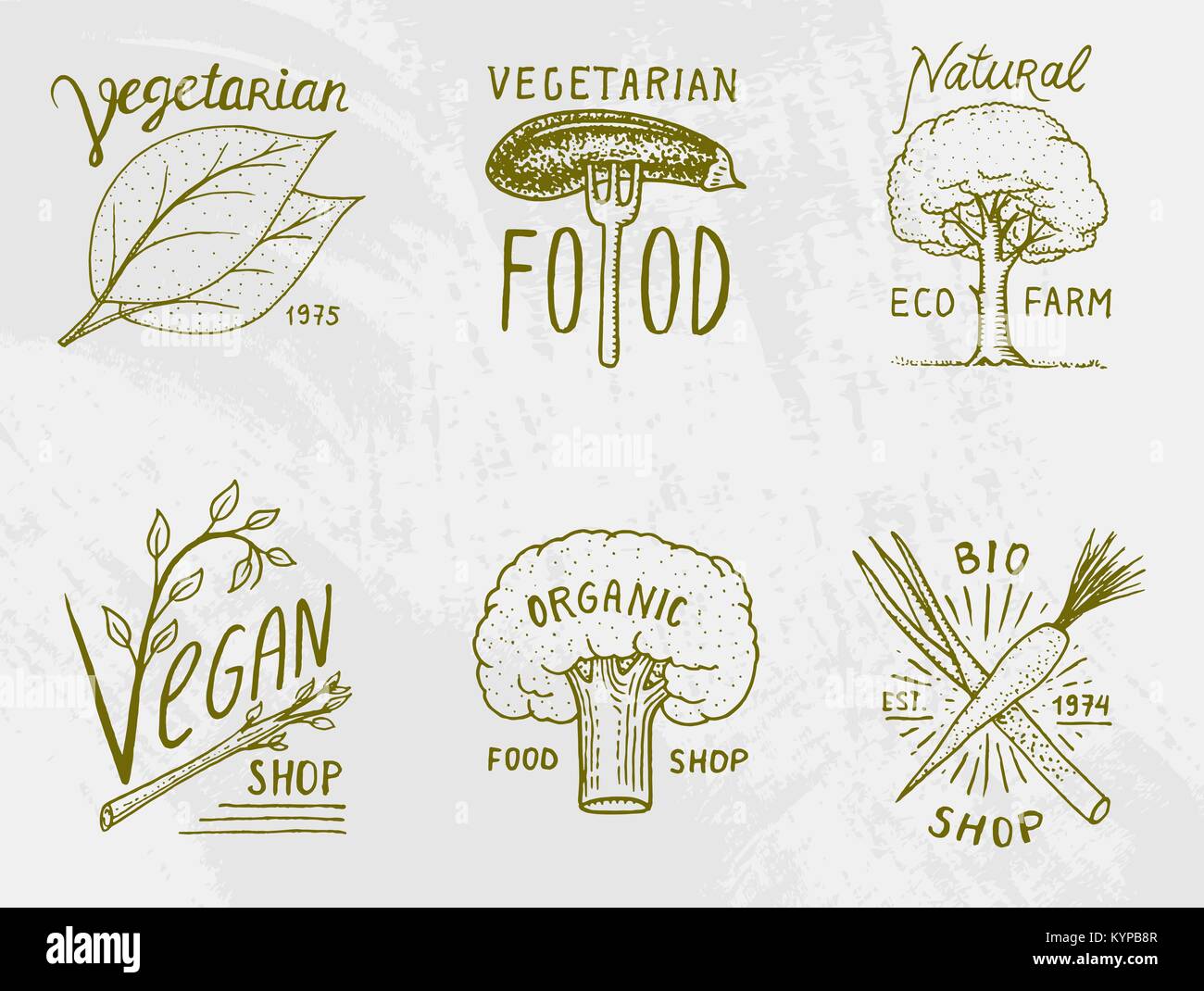 Gesunde Bio-lebensmittel Logos oder Etiketten und Elemente für Vegetarische und Farm grün Natur Gemüse, Vector Illustration. Abzeichen gesundes Leben. graviert Hand in alte Skizze gezeichnet. Stock Vektor