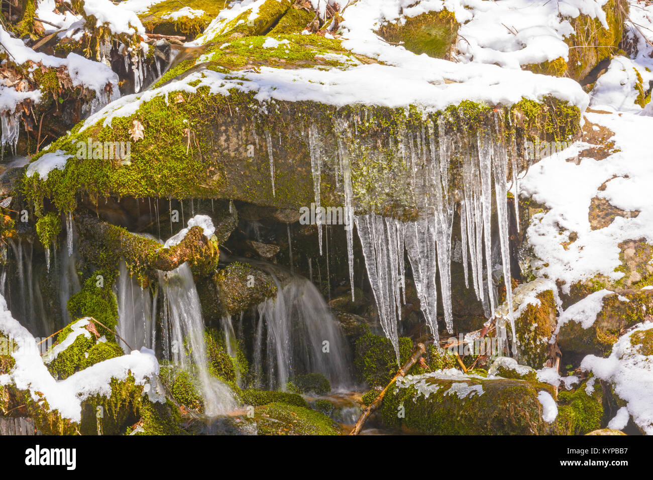 Eis und Wasser in einem Frühling Schnee in den Smokey Mountains Stockfoto
