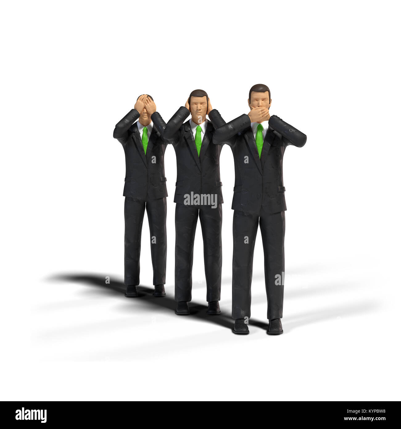 3 Spielzeug miniatur Abbildung Geschäftsleute in drei Affen auf weißem Hintergrund darstellen - nichts sehen, nichts böses hören, nichts böses sprechen. Stockfoto