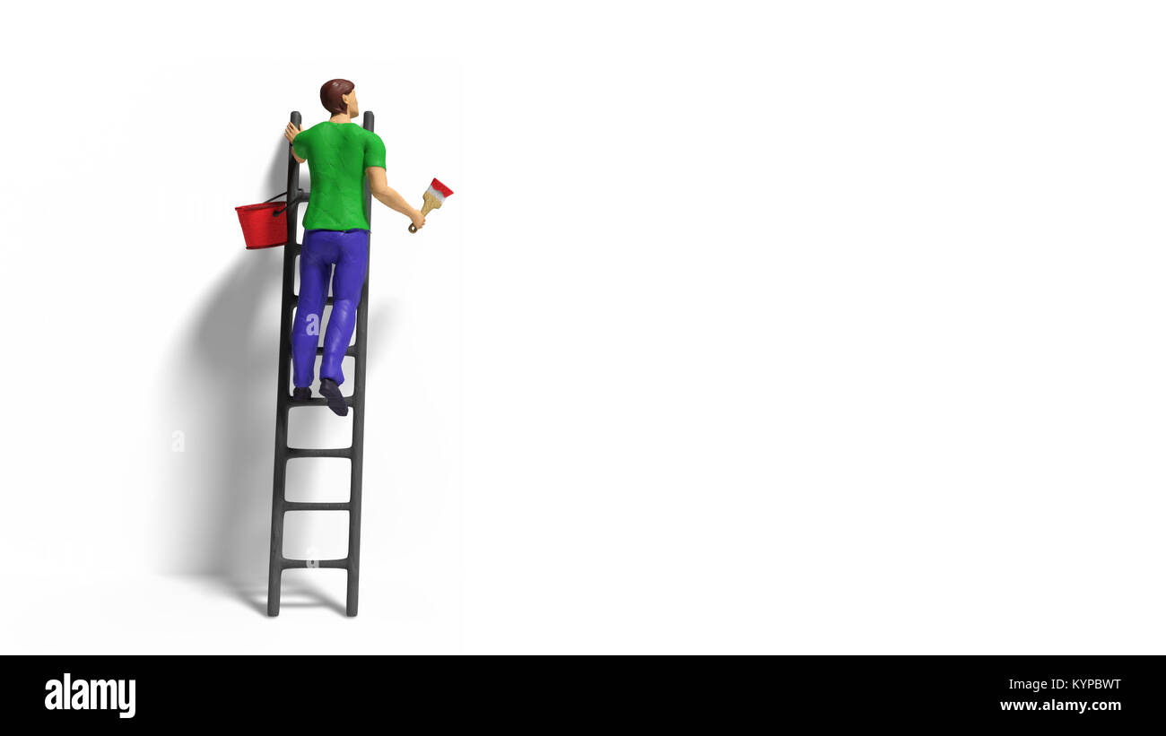 Miniatur Figur Charakter mit Leiter und roter Farbe vor einer Wand Stockfoto