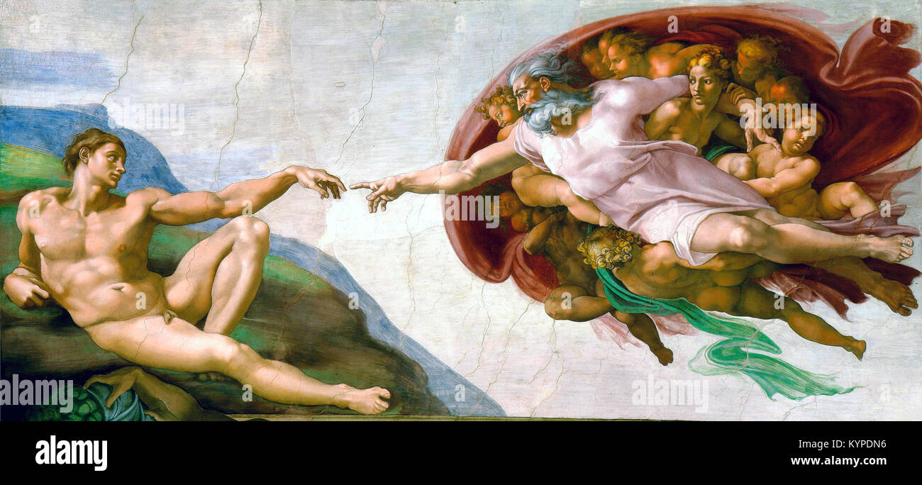 Decke der Sixtinischen Kapelle. Die Erschaffung Adams, Detail eines Freskos in der Sixtinischen Kapelle von Michelangelo (1475–1564), Vatikanstadt, Rom Italien. Datiert aus der Zeit um 1511. Stockfoto