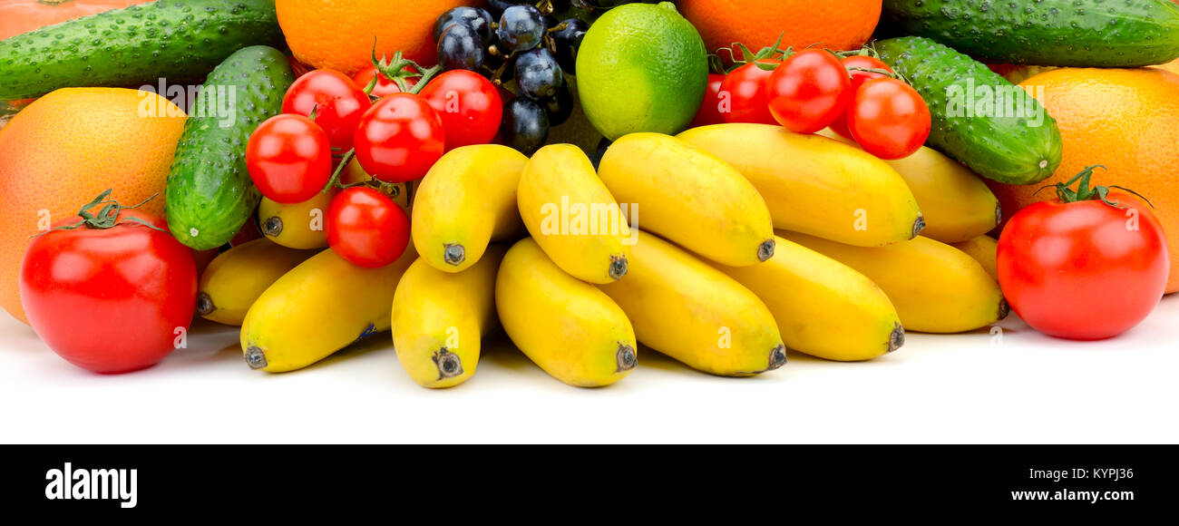 Sammlung von frischem Obst und Gemüse isoliert auf Weiss. Nützliche Produkte für die Gesundheit. Stockfoto