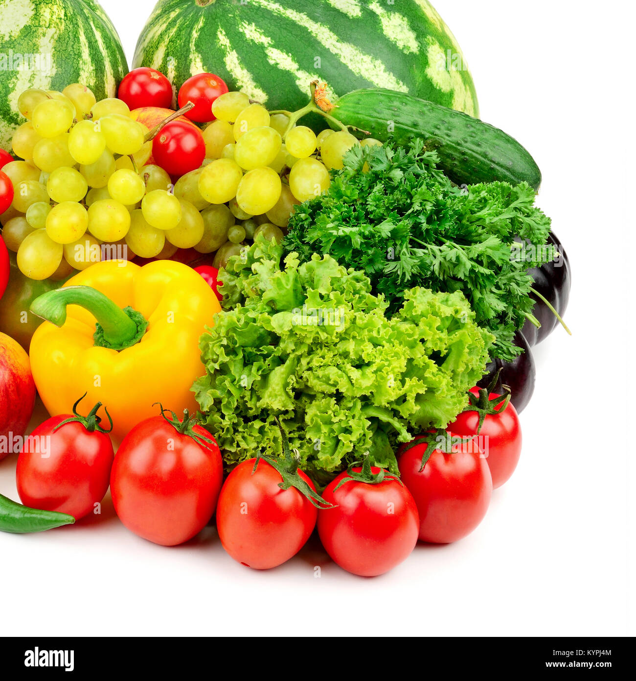 Obst und Gemüse auf Weiß isoliert. Nützliche Produkte für die Gesundheit. Stockfoto