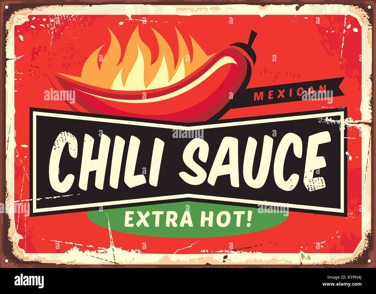 Chili Sauce vintage Tin Sign mit Chili und heißen Flamme. Leckeres mexikanisches Essen Werbung auf retro Metall Hintergrund. Stock Vektor