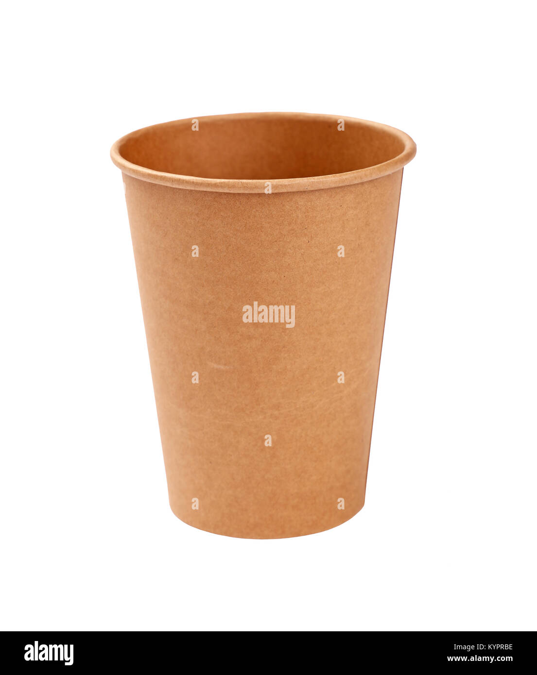 Schließen Sie sich einer großen Leere braunes Papier Pergament Kaffeetasse auf weißem Hintergrund zu gehen, hohen Winkel Seitenansicht Stockfoto